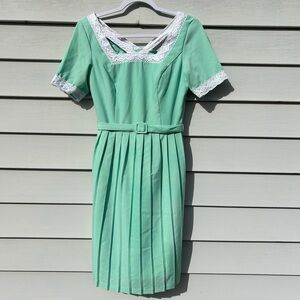 Modcloth Green Midi Dress with Cuffed Sleeves and Square Neck